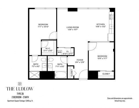 Floor plan for 2 beds, 2 baths, 1048 sqft